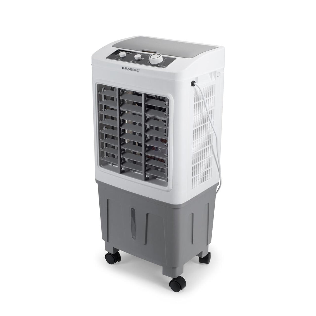 Racitor de aer portabil Hausberg HB-5961AB, 75W, rezervor 20L, 3 viteze, control mecanic, 2 cutii gheata, alb