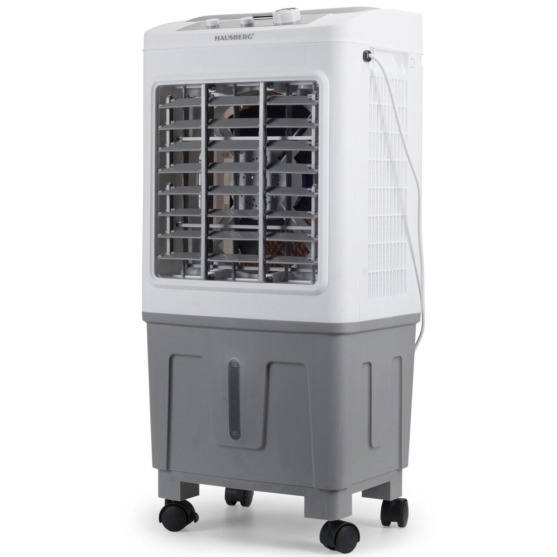 Racitor de aer portabil Hausberg HB-5961AB, 75W, rezervor 20L, 3 viteze, control mecanic, 2 cutii gheata, alb