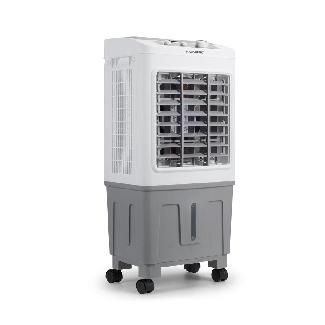 Racitor de aer portabil Hausberg HB-5961AB, 75W, rezervor 20L, 3 viteze, control mecanic, 2 cutii gheata, alb