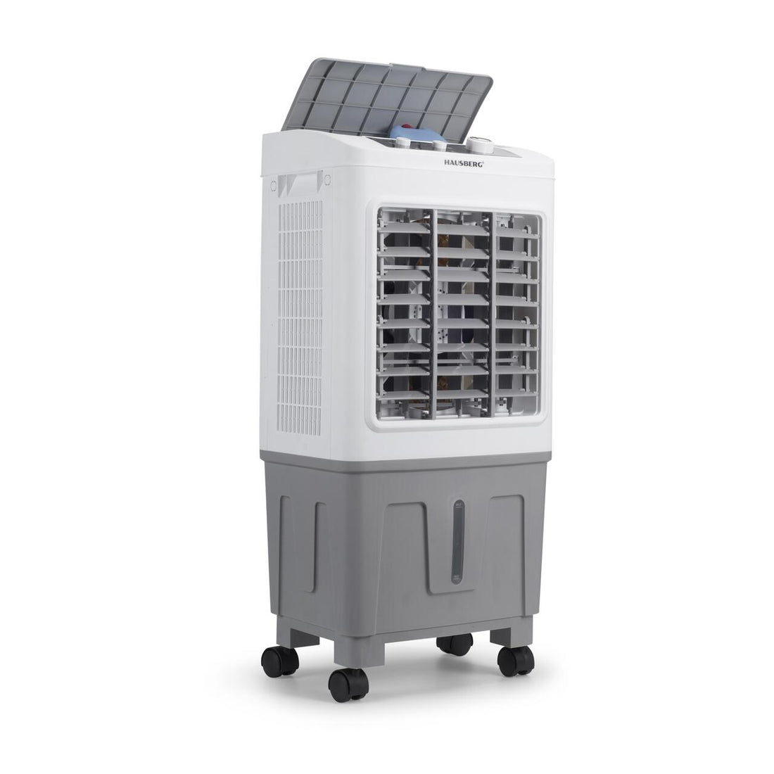 Racitor de aer portabil Hausberg HB-5961AB, 75W, rezervor 20L, 3 viteze, control mecanic, 2 cutii gheata, alb