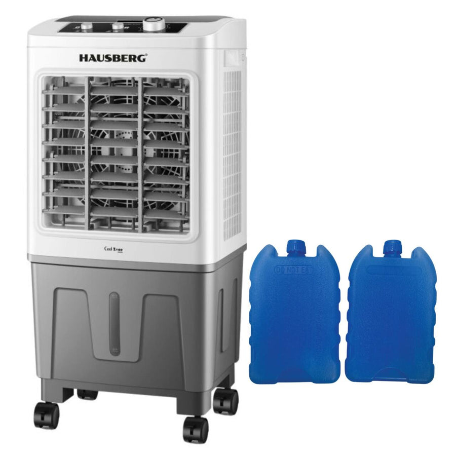 Racitor de aer portabil Hausberg HB-5961AB, 75W, rezervor 20L, 3 viteze, control mecanic, 2 cutii gheata, alb
