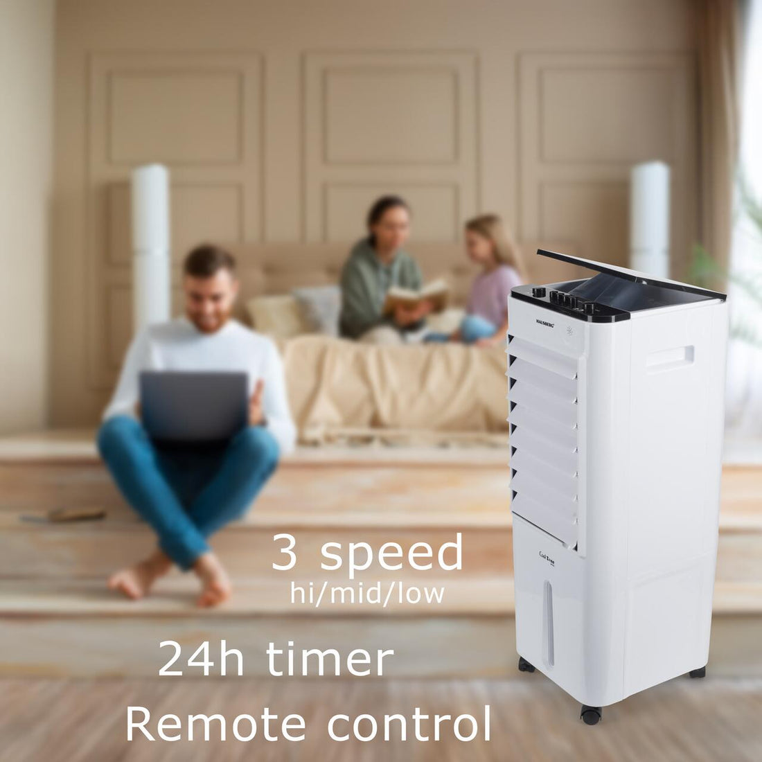 Racitor de aer portabil Hausberg HB-5963AB, 55–80W, rezervor 12L, 3 viteze, functie Turbo, oscilatie 60°, control mecanic, alb