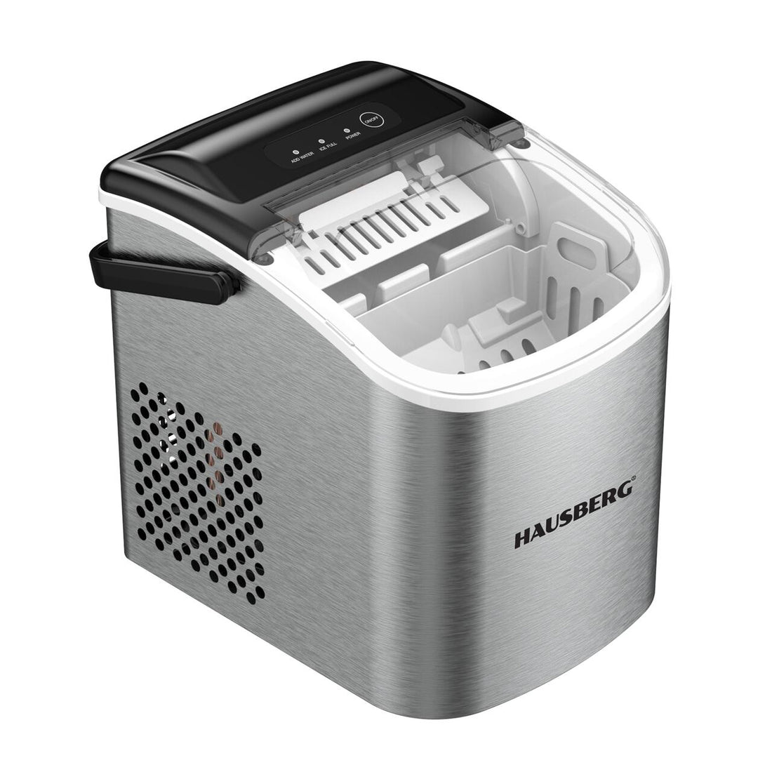Aparat de preparat gheata HAUSBERG HB-6019IN, capacitate vas apa 1.2 litri, productie cuburi gheata 12-15 kg / 24 ore, capacitate de stocare 0.6 kg, 9 cuburi/6-9 min, argintiu