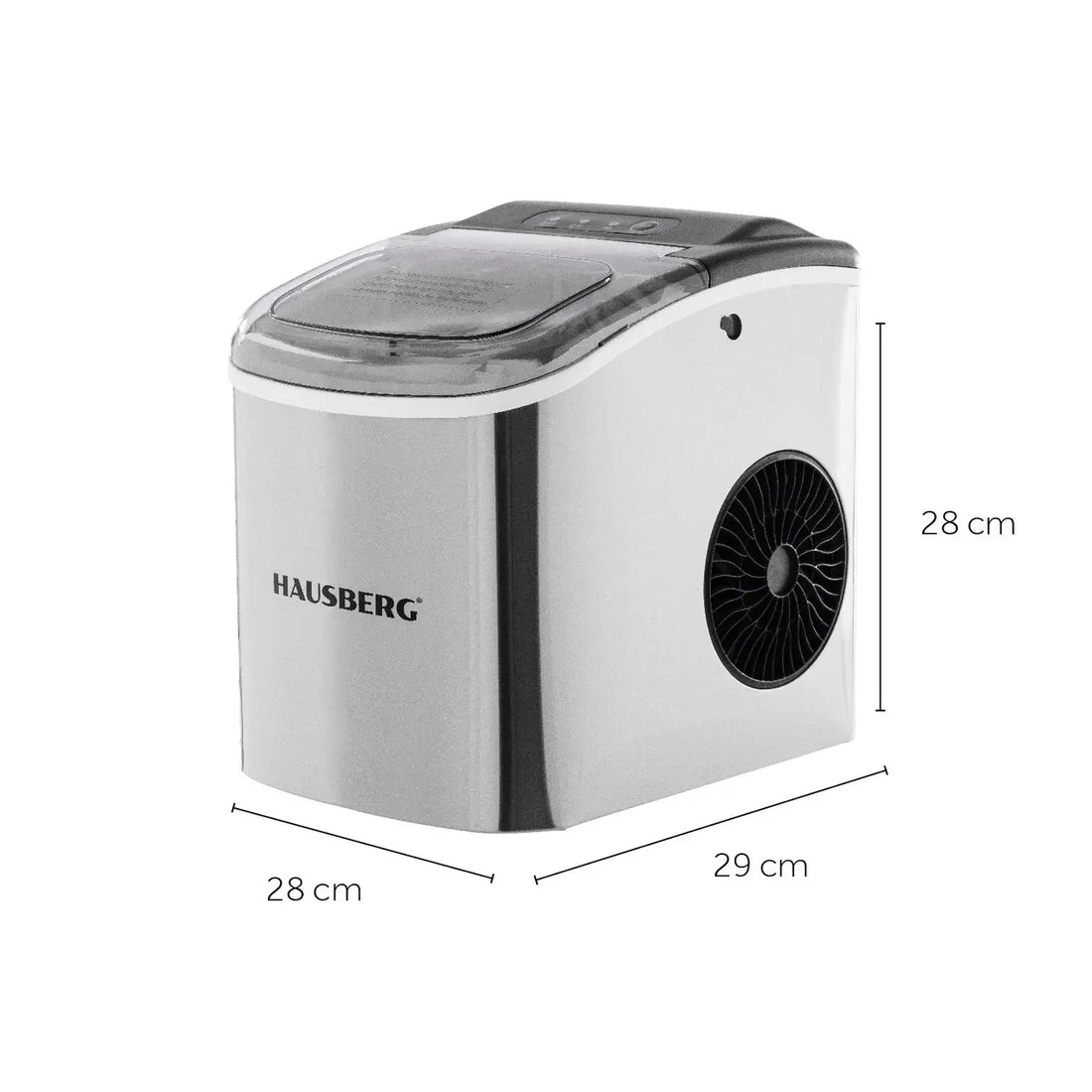 Aparat de preparat gheata HAUSBERG HB-6019IN, capacitate vas apa 1.2 litri, productie cuburi gheata 12-15 kg / 24 ore, capacitate de stocare 0.6 kg, 9 cuburi/6-9 min, argintiu