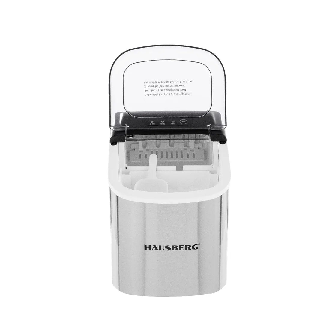 Aparat de preparat gheata HAUSBERG HB-6019IN, capacitate vas apa 1.2 litri, productie cuburi gheata 12-15 kg / 24 ore, capacitate de stocare 0.6 kg, 9 cuburi/6-9 min, argintiu
