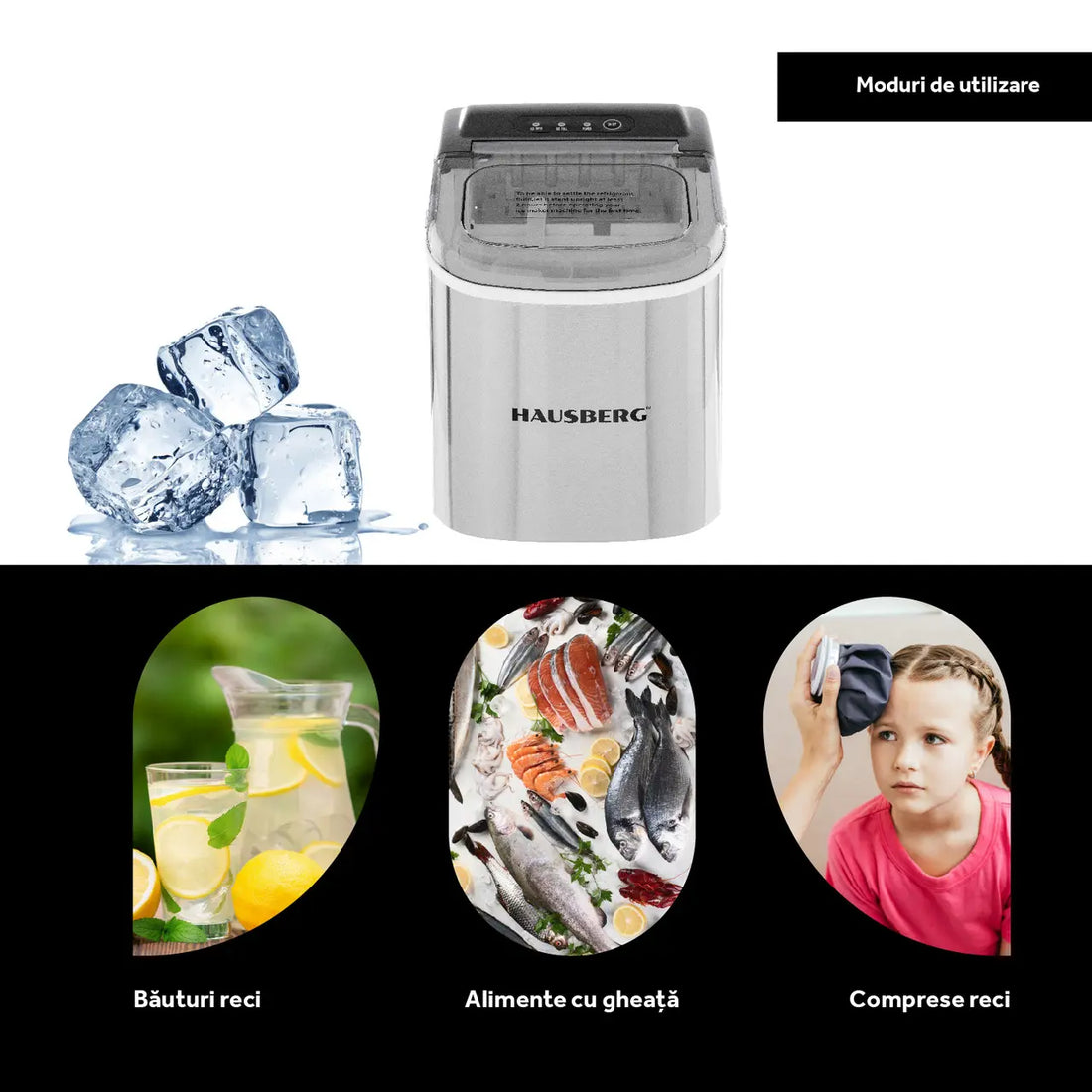 Aparat de preparat gheata HAUSBERG HB-6019IN, capacitate vas apa 1.2 litri, productie cuburi gheata 12-15 kg / 24 ore, capacitate de stocare 0.6 kg, 9 cuburi/6-9 min, argintiu