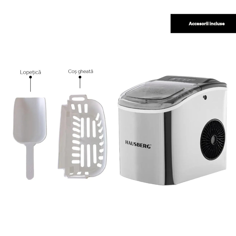 Aparat de preparat gheata HAUSBERG HB-6019IN, capacitate vas apa 1.2 litri, productie cuburi gheata 12-15 kg / 24 ore, capacitate de stocare 0.6 kg, 9 cuburi/6-9 min, argintiu