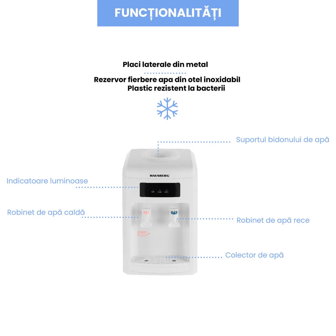 Dozator apa Hausberg HB-6026AB, putere incalzire 550 W, putere racire 80 W, indicatoare LED pentru apa calda si rece, termostat automat, Alb