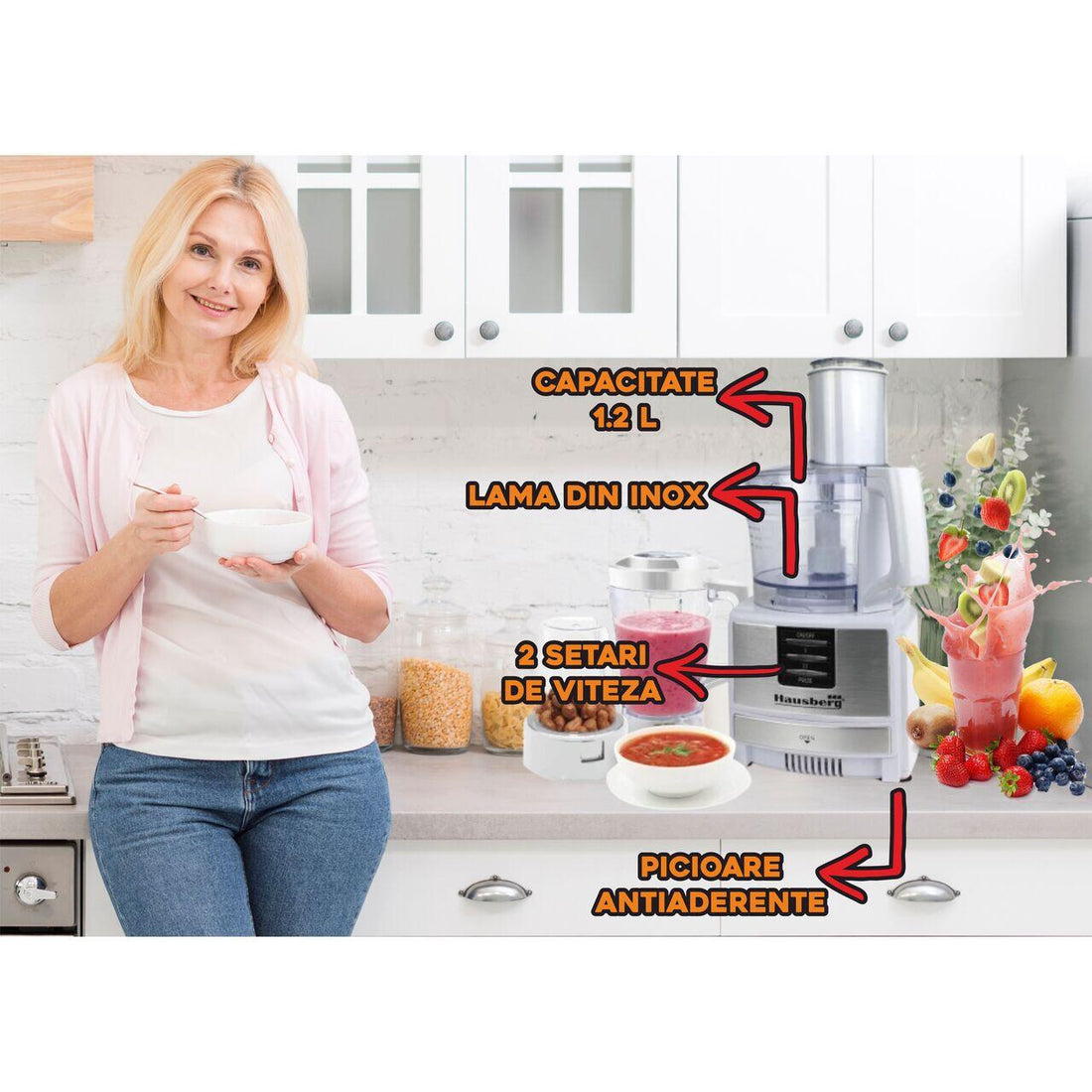 Robot de bucatarie 3 in 1 HB7522AB , macinare, taiere, framantare si tocare, 600 W, Alb, multifunction food procesor