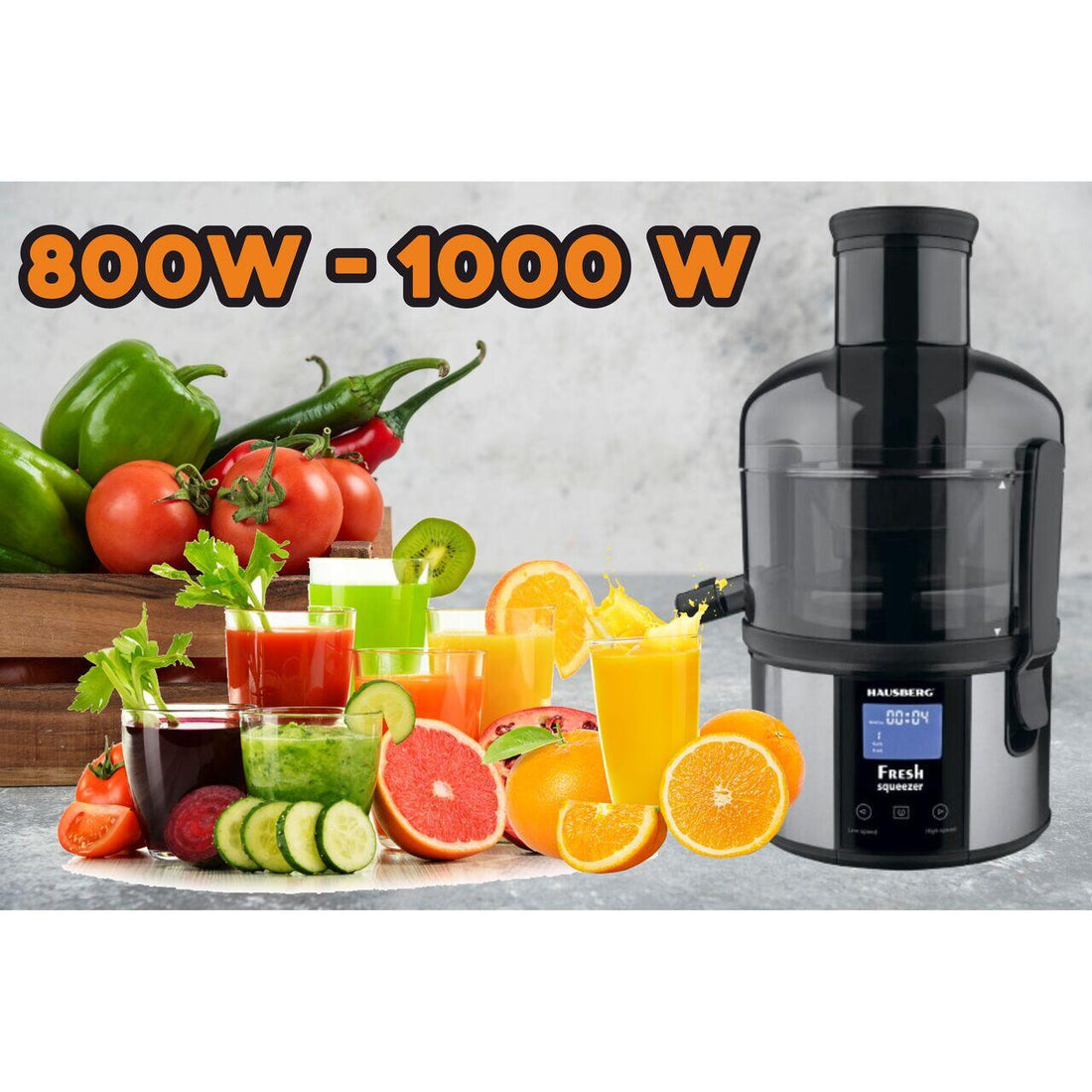 Storcator de fructe Digital HAUSBERG HB-7545IN, 800-1000W, 85mm, 1L Pulpa, 5 Viteze,  Otel inoxidabil Negru/Inox