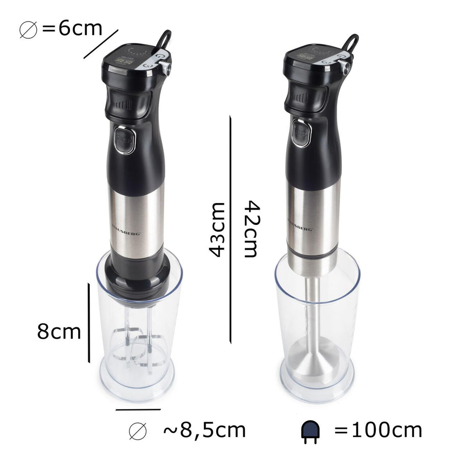 Blender 2 in 1 HAUSBERG HB-7704IN cu putere 1000W, Mixer vertical profesional, 10 trepte de viteza si functie Turbo, Capacitate pahar 700 ml , Multifunctional, Negru