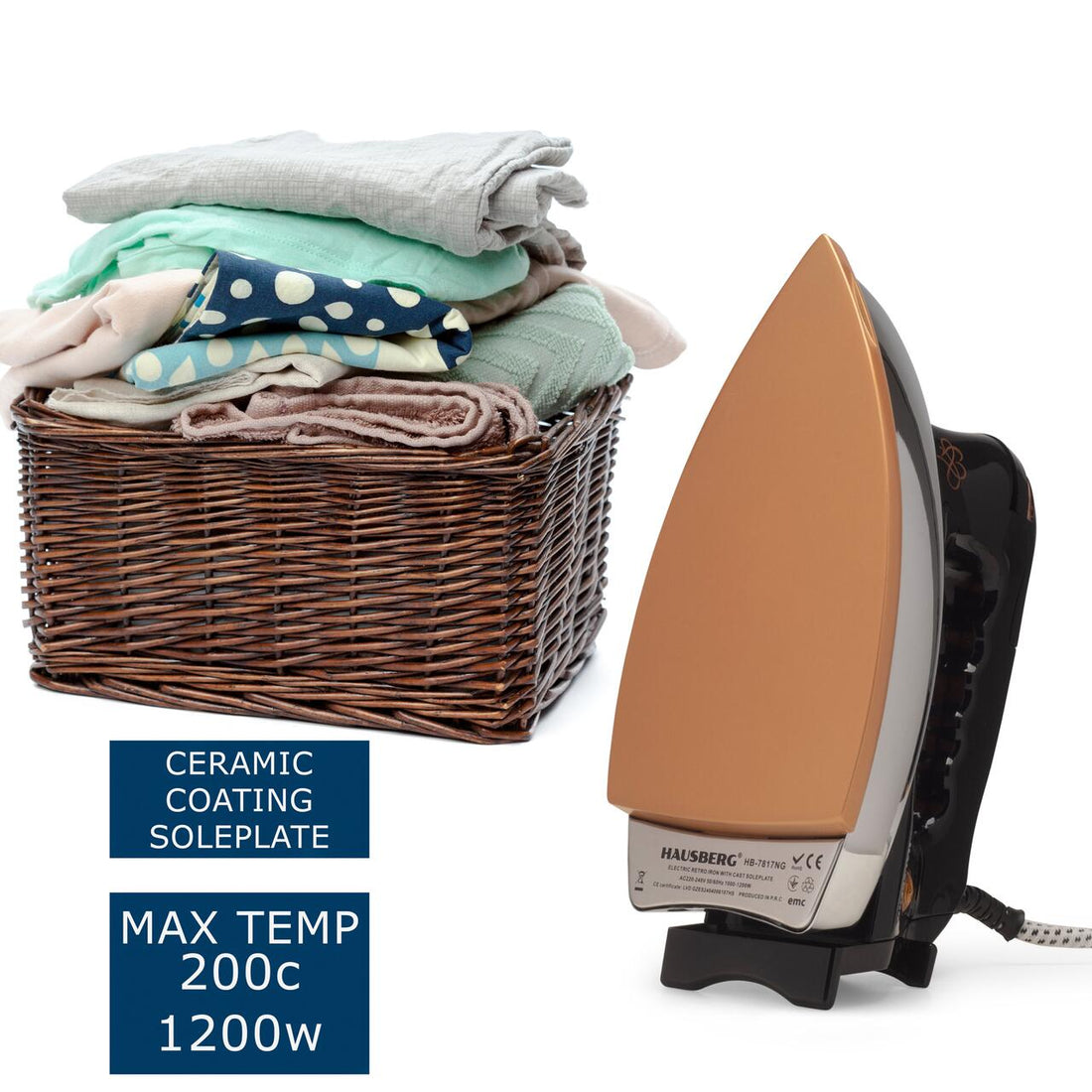Fier de calcat Retro HAUSBERG HB-7817NG, 1000-1200W, Talpa acoperit ceramic turnat, Termostat, 6 Setari temperatura, Indicator luminos, Protectie supraincalzire, Temperatura 200°C, Negru