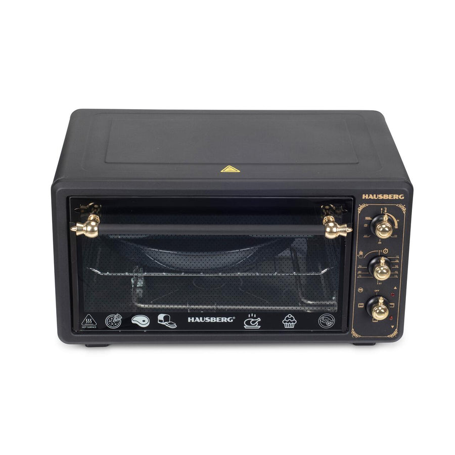 Cuptor electric Rustic HAUSBERG HB-8001RST, 1400W, 48l, Timer mecanic, Termostat reglabil, 4 nivele de inaltime a tavii, usa din sticla rezistenta la temperature ridicate, panou mecanic, Negru-Auriu