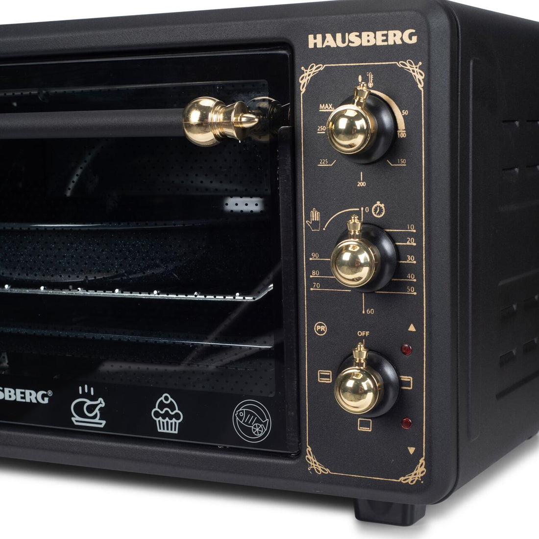 Cuptor electric Rustic HAUSBERG HB-8001RST, 1400W, 48l, Timer mecanic, Termostat reglabil, 4 nivele de inaltime a tavii, usa din sticla rezistenta la temperature ridicate, panou mecanic, Negru-Auriu