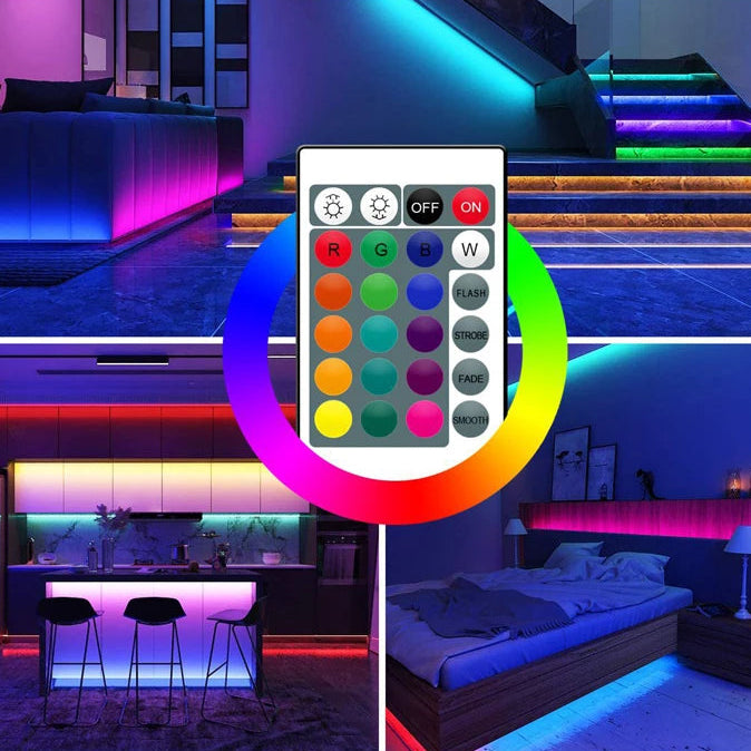 Bandă LED RGB 5m cu Telecomandă 24 Butoane și Alimentare 12V