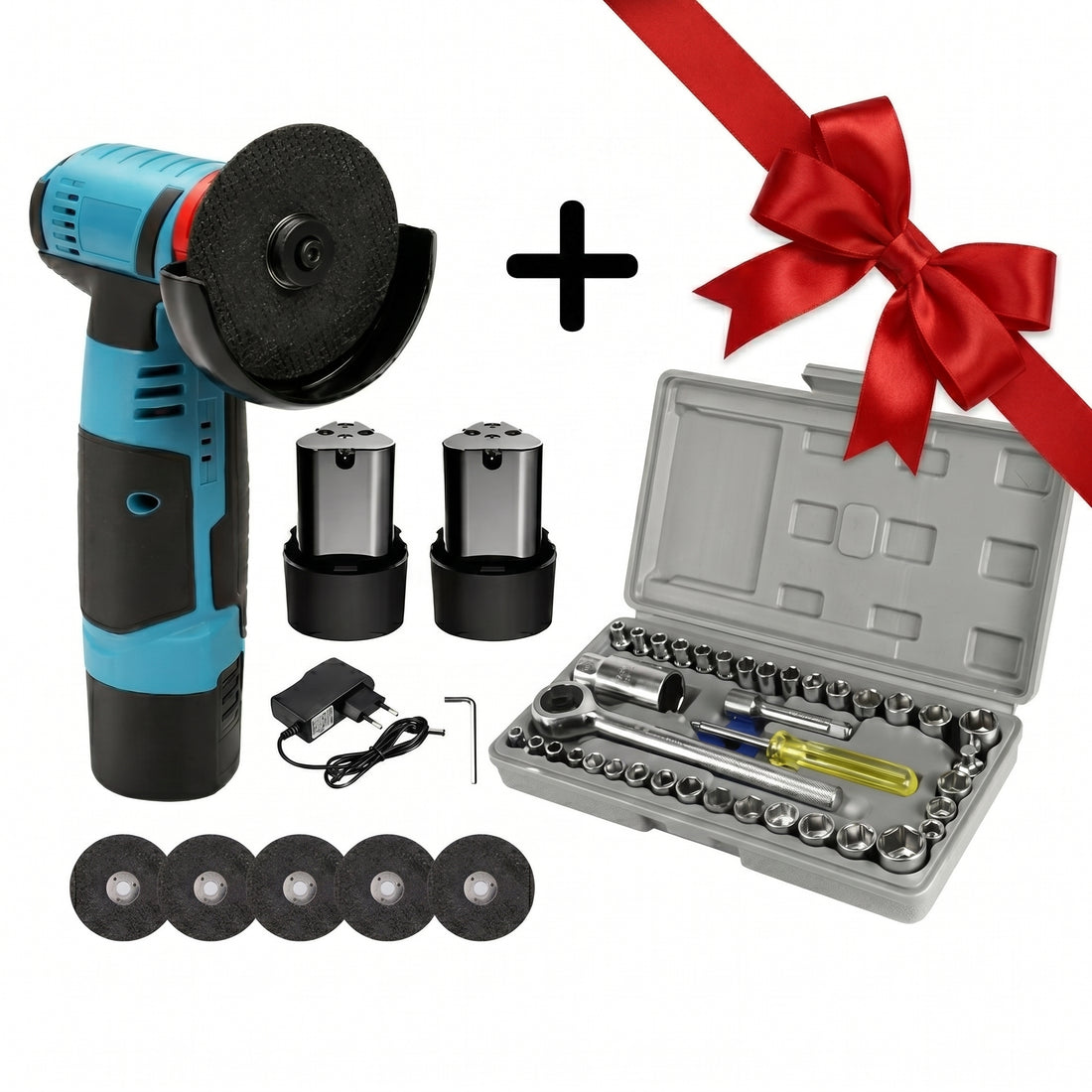 Mini Flex Polizor cu Acumulator 48V 2Ah,2 Baterii, 5 Discuri Incluse + CADOU Trusă Chei Tubulare 40 Piese