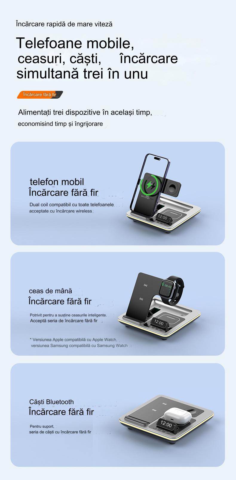 Incarcator wireless 5 in 1, Statie rapida Compatibil cu toate tipurile de tefefoane, smartwach sau casti, - Specializat.ro