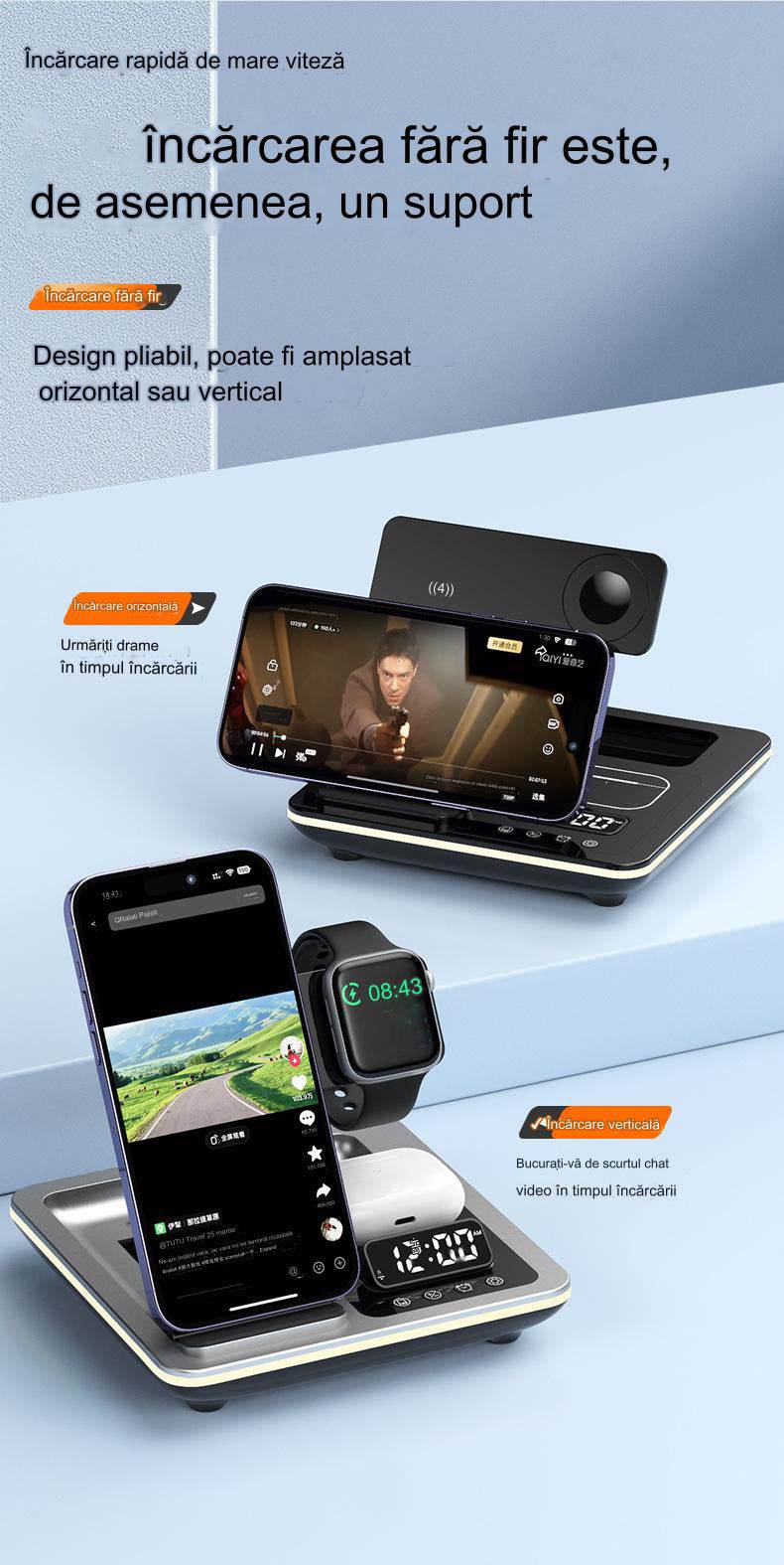 Incarcator wireless 5 in 1, Statie rapida Compatibil cu toate tipurile de tefefoane, smartwach sau casti, - Specializat.ro