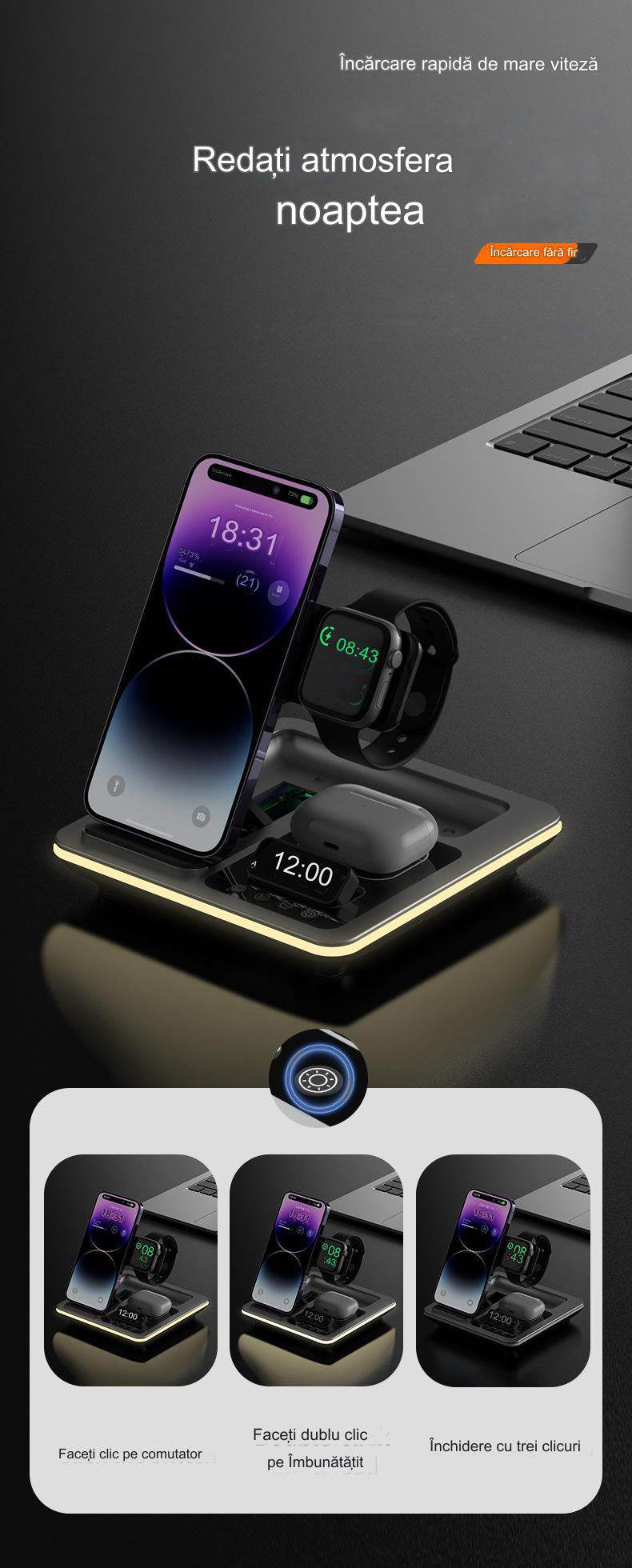 Incarcator wireless 5 in 1, Statie rapida Compatibil cu toate tipurile de tefefoane, smartwach sau casti, - Specializat.ro