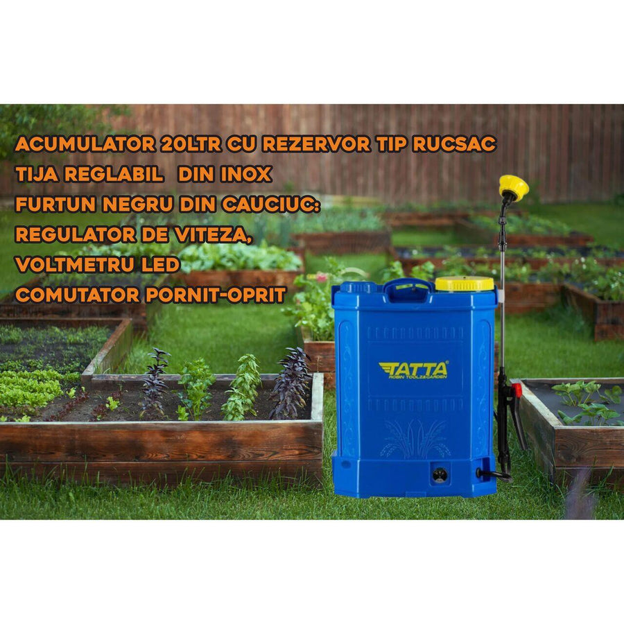 Pompa pentru stropit (vermorel) Tatta TP-2022A, cu acumulator, 12V 8Ah, incarcator 1 A, motor 3.6 lpm, rezervor tip rucsac, 20 l