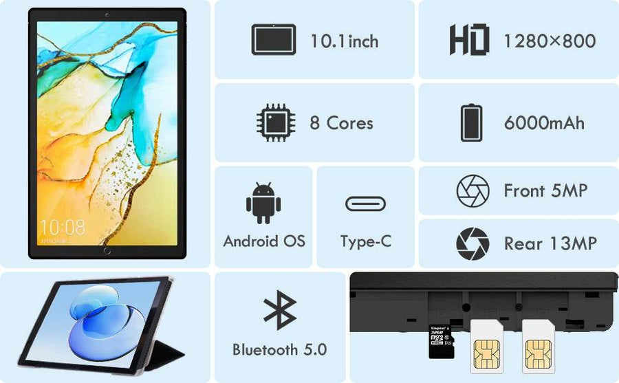 Tableta 10 inch, Android 12, 4GB RAM+64GB ROM, procesor 8-core, Dual SIM, slot SD CARD, WiFi, Bluetooth, Camera dubla, Baterie de 6000mAh - Specializat.ro