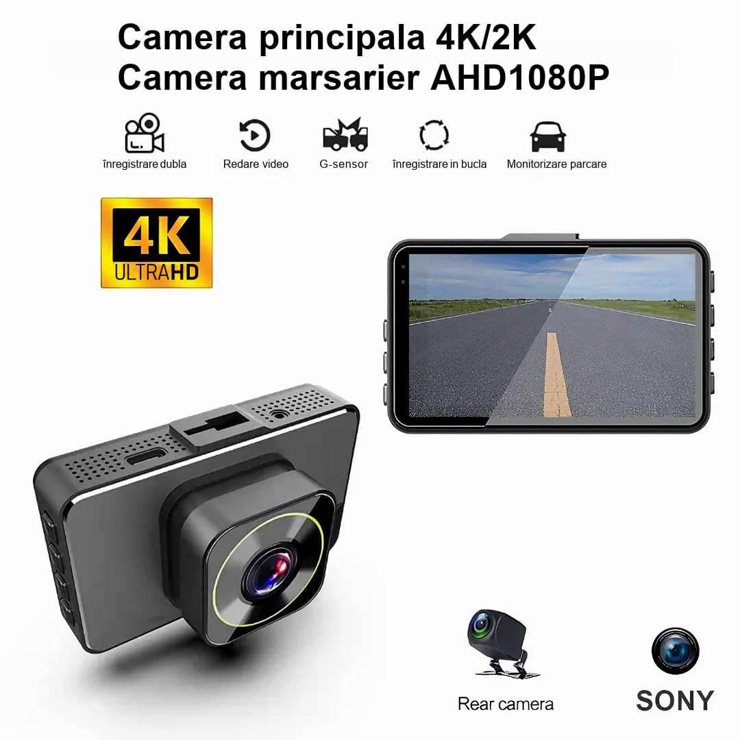 Camera Auto DVR 4K/2K/1080p si Camera Spate 1080p cu Conectivitate Wi-Fi, G-Senzor, Mod Parcare, Inregistrare in Bucla - Specializat.ro