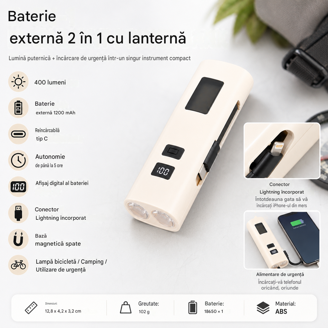 Lanterna Far LED Reincarcabil USB pentru Bicicleta – 6 Moduri, Power Bank 4000mAh