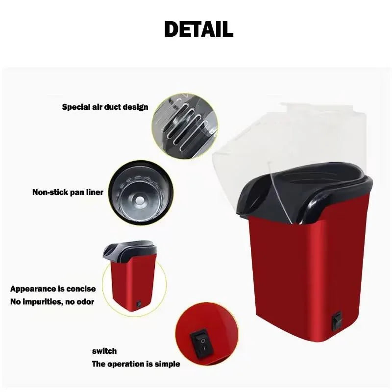 Aparat de facut popcorn cu aer cald, 1200W, fara ulei, preparare rapida si sanatoasa, design compact