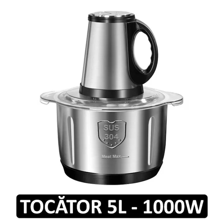 Tocator Electric Universal Luxify - Bol 5L Inox, Putere 1000W, 4 Lame, Carne si Legume