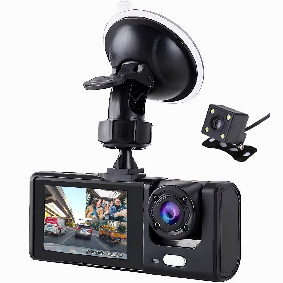 Camera auto tripla de bord Full HD 1080P, 3 Lentile, IPS Display 2", Inregistrare Dubla, Loop Recording, G-sensor