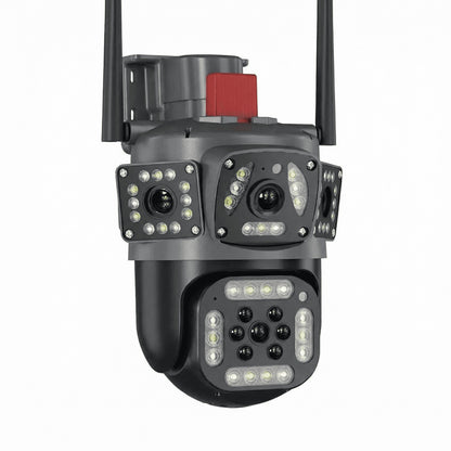 Camera Supraveghere WiFi Tripla cu 2 Alarme, PTZ Ultra HD – IP66, Vedere Nocturnă