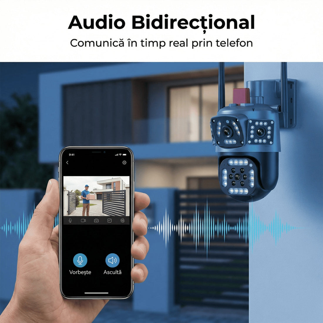 Camera Supraveghere WiFi Tripla cu 2 Alarme, PTZ Ultra HD – IP66, Vedere Nocturnă