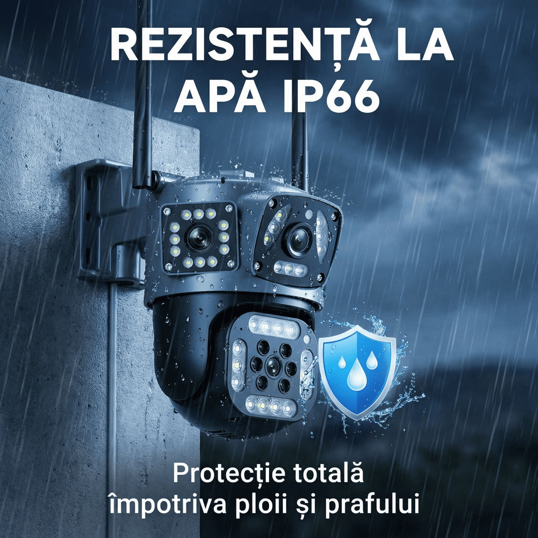 Camera Supraveghere WiFi Tripla cu 2 Alarme, PTZ Ultra HD – IP66, Vedere Nocturnă