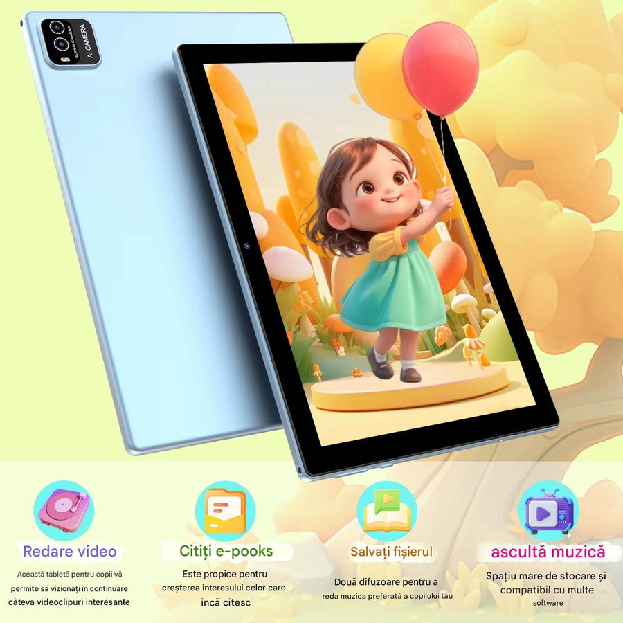 Tableta Android 10 Inch, 12GB RAM, 128GB ROM, Wifi, Bluetooth, Husa Protectie Anti Shock, Pentru Copii - Specializat.ro