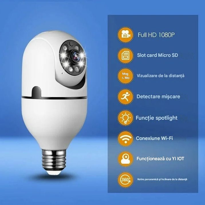 Cameră Supraveghere WiFi 360° Tip Bec E27 – 1080P, Vedere Nocturnă, Senzor Mișcare