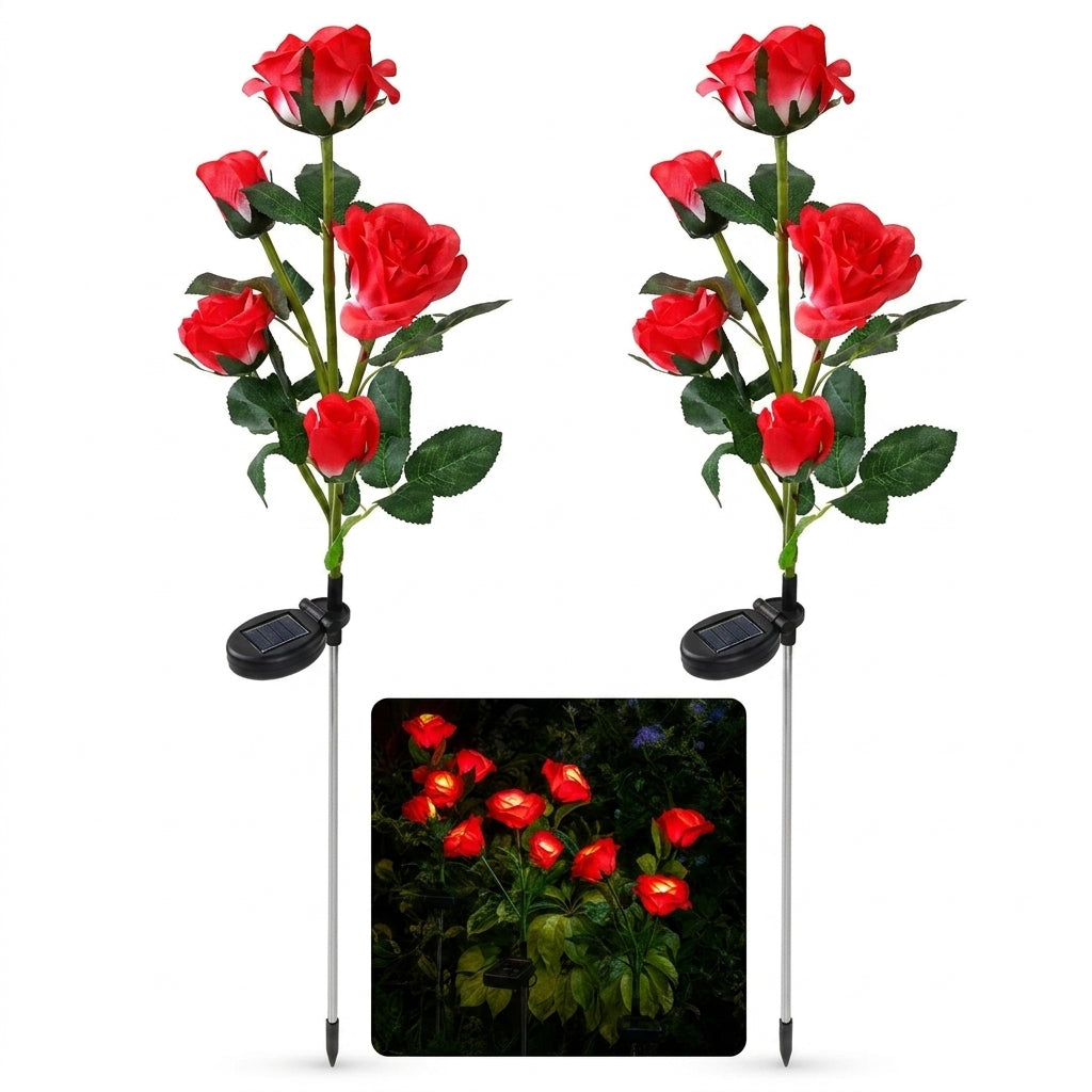 Set 2 Lampi Solare de Gradina – Trandafir Rosu, Senzor de Lumina, IP65