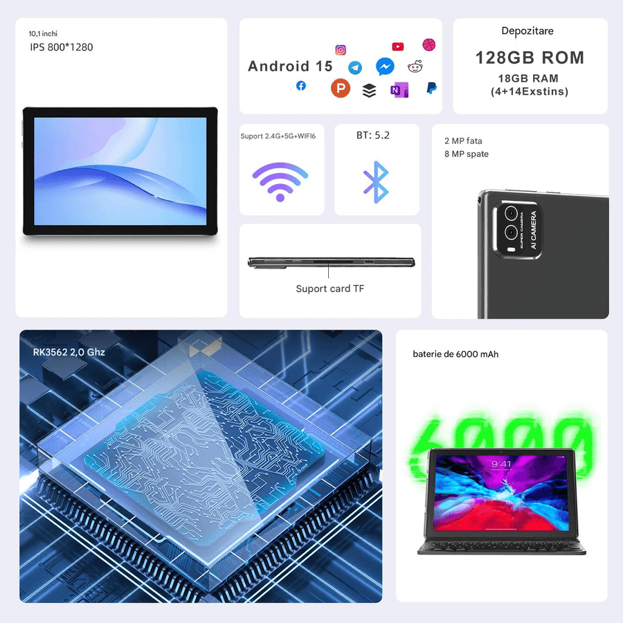 Tableta Android 10.1 inch, 18GB RAM, 128GB ROM, WiFi, cu Tastatura, Mouse, Carcasa de Protectie si Stilou - Specializat.ro