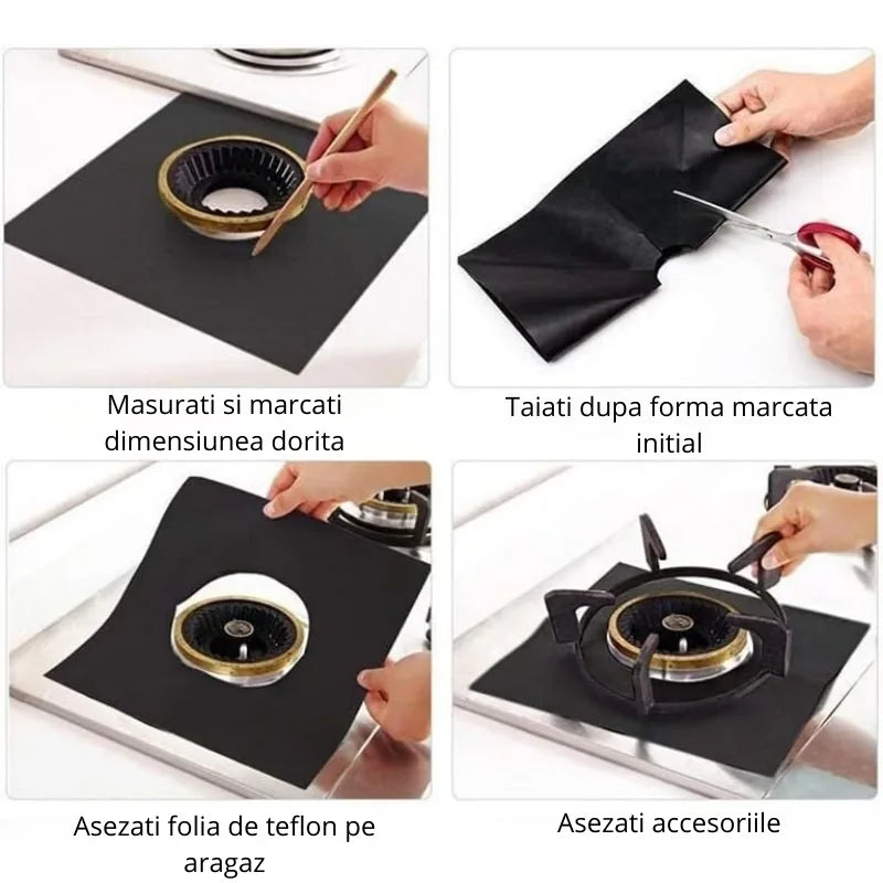 Set 4 folii de protectie pentru aragaz, teflon reutilizabil si lavabil, 27x27 cm, negru