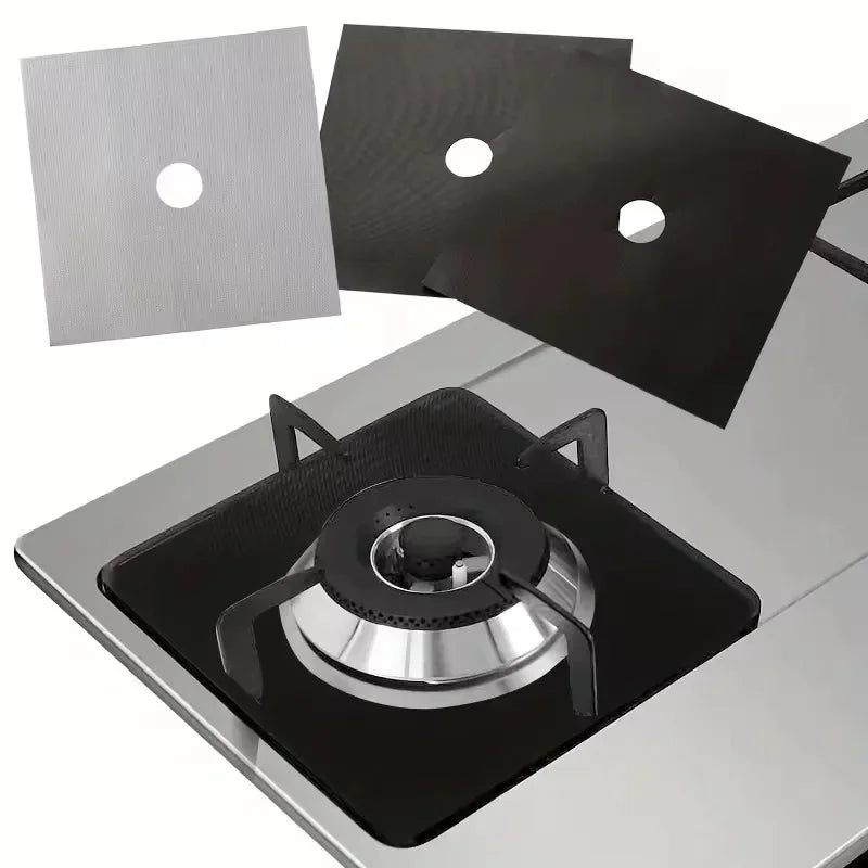 Set 4 folii de protectie pentru aragaz, teflon reutilizabil si lavabil, 27x27 cm, negru