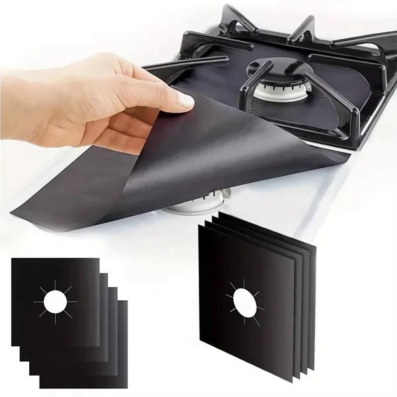 Set 4 folii de protectie pentru aragaz, teflon reutilizabil si lavabil, 27x27 cm, negru