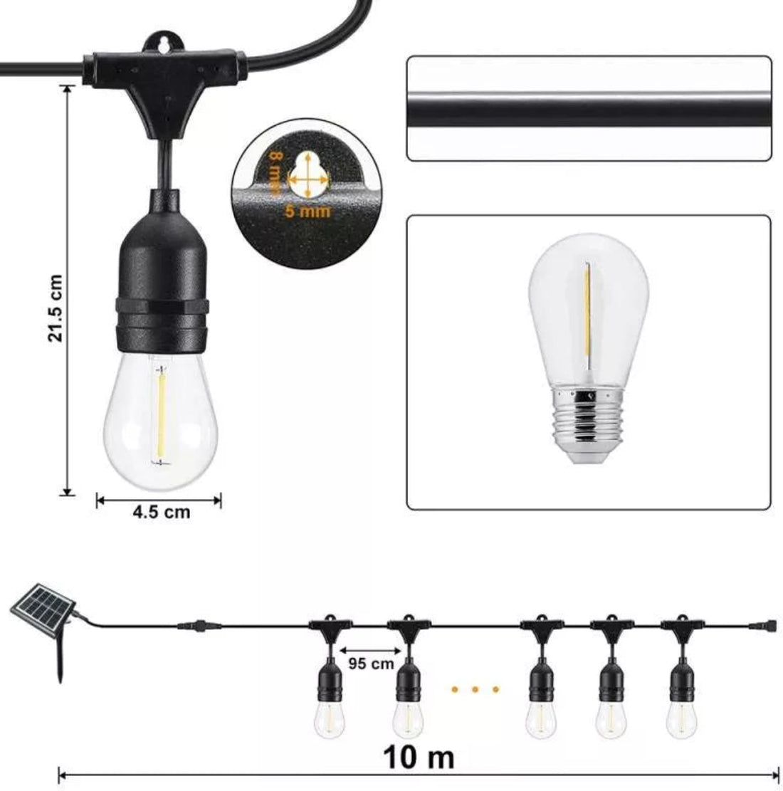 Ghirlanda Luminoasa cu Pendule 10m – Becuri LED, IP65, Incarcare Solara & USB