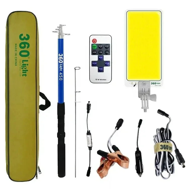 Kit Nocturna eLIVE FR-04, Proiector Camping LED 47W 4558lm, Waterproof, Brat Telescopic Ajustabil 4,5m, 3 Adaptoare 220V-AUTO-Cleme Crocodil Baterie, Telecomanda, Geanta Transport
