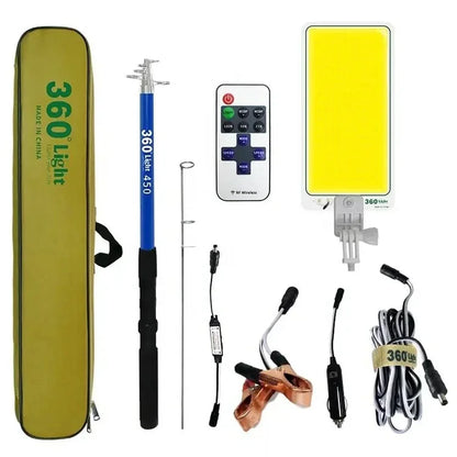 Kit Nocturna eLIVE FR-04, Proiector Camping LED 47W 4558lm, Waterproof, Brat Telescopic Ajustabil 4,5m, 3 Adaptoare 220V-AUTO-Cleme Crocodil Baterie, Telecomanda, Geanta Transport