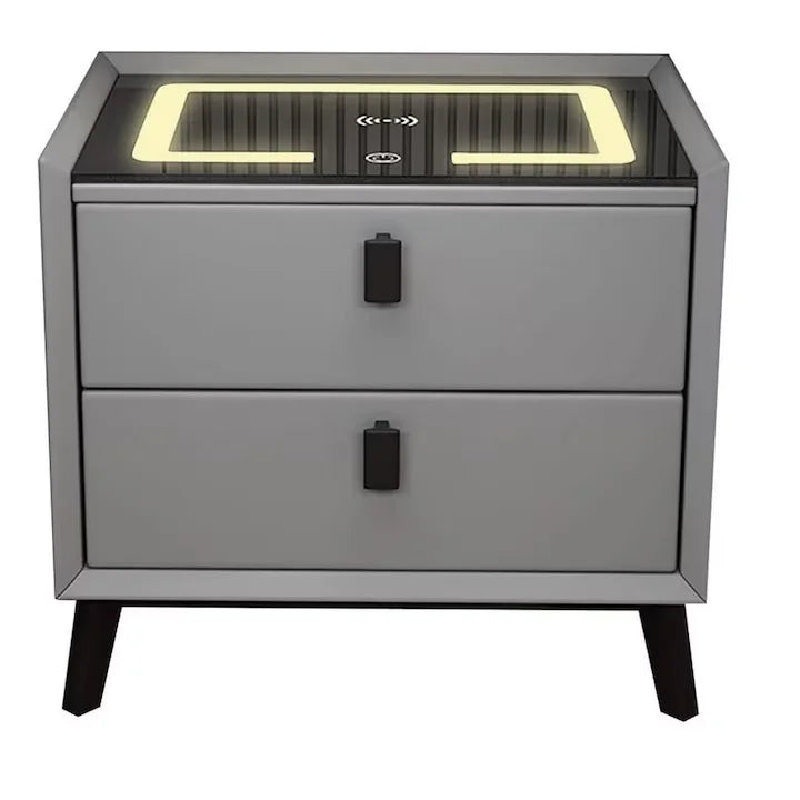Noptiera smart multifunctionala, 2 sertare, iluminare LED tactil, 3 culori, incarcare wireless USB, difuzor bluetooth dim 50x40x46, CU AMPRENTA