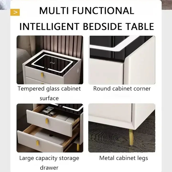 Noptiera smart multifunctionala, cu 3 sertare, iluminare LED tactil, 3 culori, incarcare wirelessUSB, difuzor bluetooth si AMPRENTA dim 50x40x59