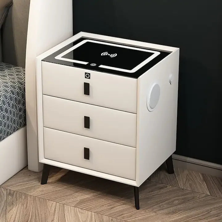 Noptiera smart multifunctionala, cu 3 sertare, iluminare LED tactil, 3 culori, incarcare wirelessUSB, difuzor bluetooth si AMPRENTA dim 50x40x59