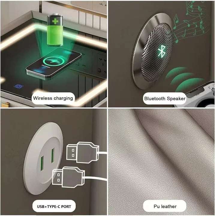 Noptiera smart multifunctionala, 2 sertare, iluminare LED tactil, 3 culori, incarcare wireless USB, difuzor bluetooth dim 50x40x46, CU AMPRENTA
