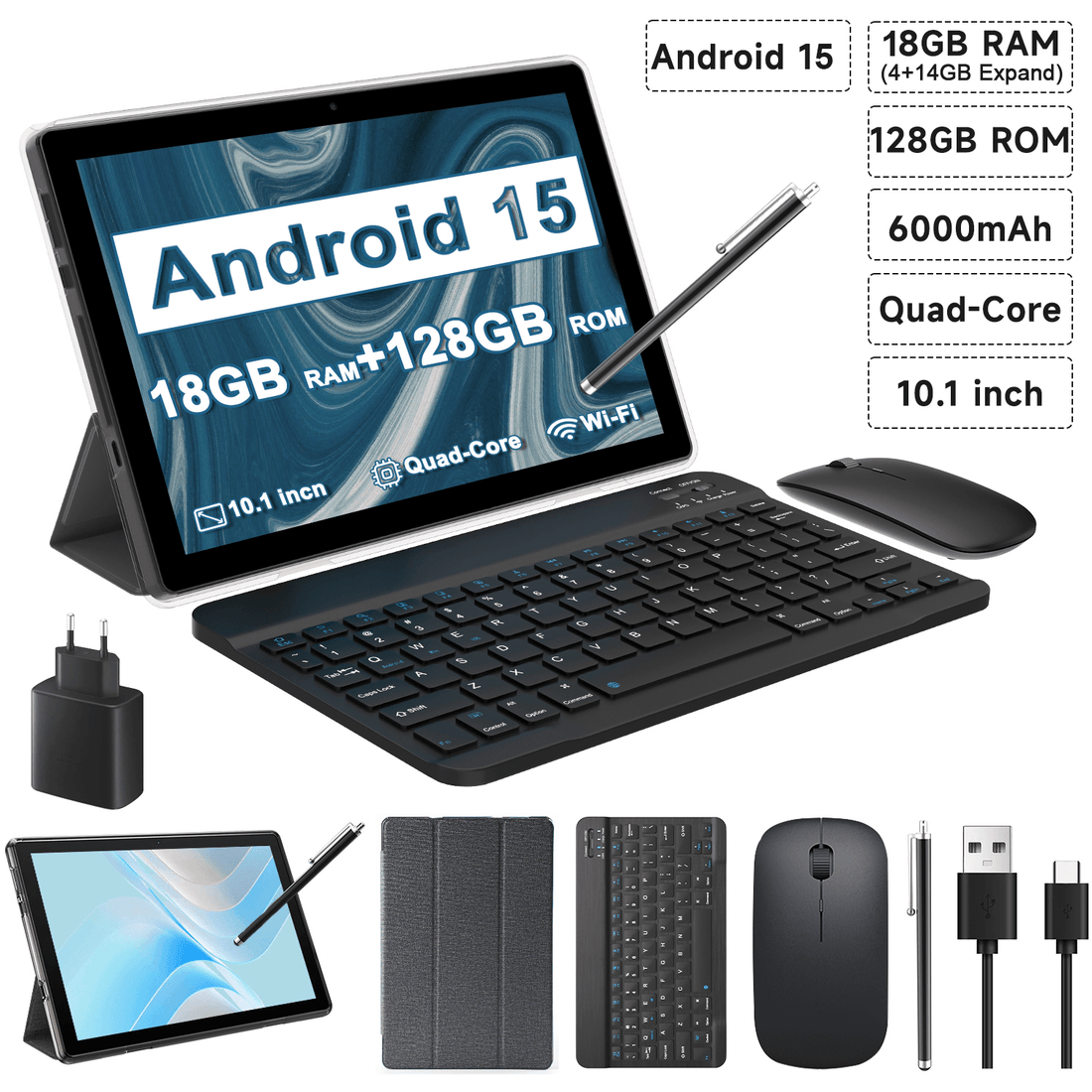 Tableta Android 10.1 inch, 18GB RAM, 128GB ROM, WiFi, cu Tastatura, Mouse, Carcasa de Protectie si Stilou - Specializat.ro