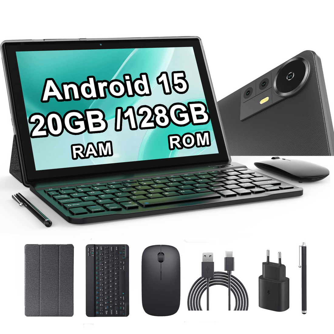Tableta Android 10.1 inch, 20GB RAM, 128GB ROM, WiFi, Procesor 8 Nuclee, cu Tastatura, Mouse, Stilou, Carcasa de protectie - Specializat.ro