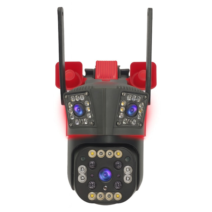 Cameră Supraveghere WiFi Triplă – Ultra HD, Zoom 5X, Rotire 360°, LED IR